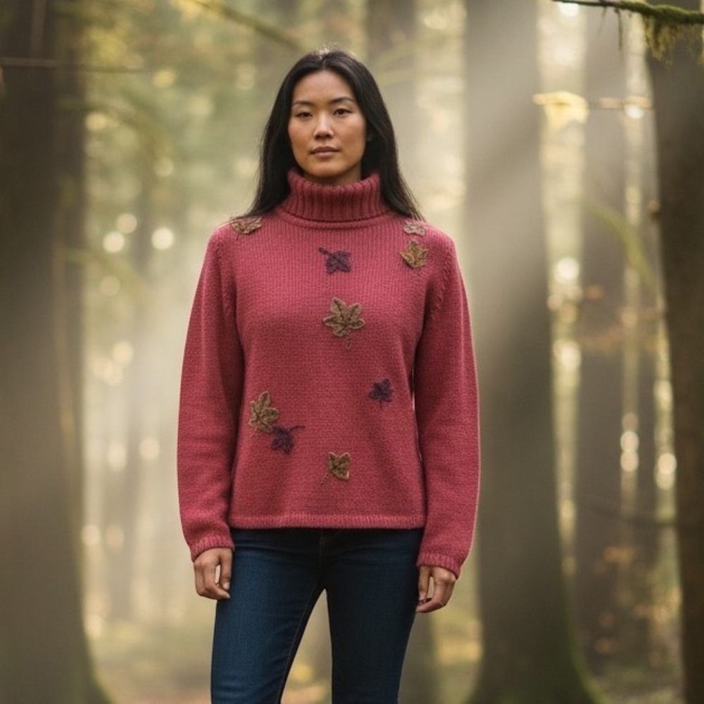 Coldwater Creek Sweater Womens M Red Leaf Applique Turtleneck Fall Cottagecore